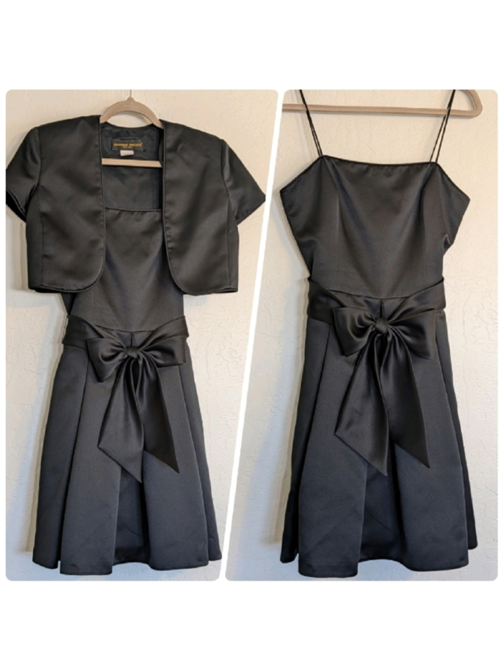 VTG LBD Two Piece Satin Bow Dress Bolero Jacket Cocktail Formal Hoco Prom Sz 10